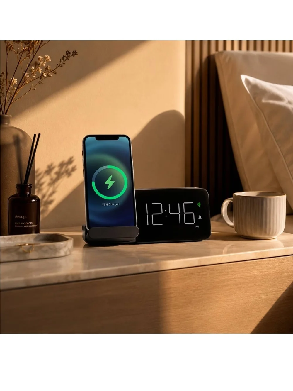 Capello Black Qi Wireless Charging Stand with Digital Alarm Clock